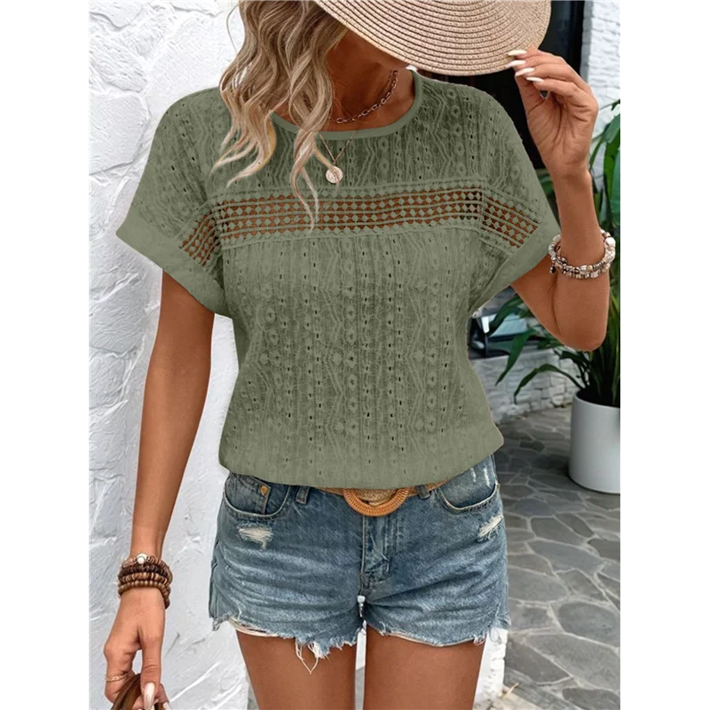 【SEE】Top da donna Casual Scollo rotondo Manica corta Ricamato in pizzo Camicie scavate Tunica ampia Camicette Boho in maglia