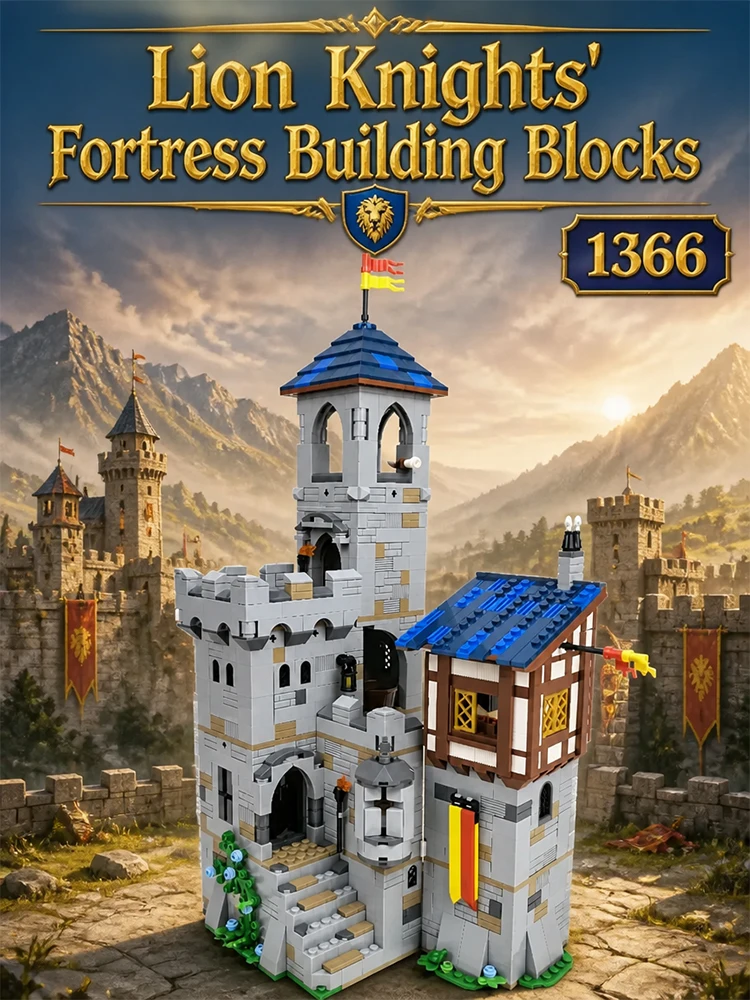 1366-teiliges Mittelalterliches Löwenritter-Burg-Bausteinset Europäisches Mittelalter Steinturm-Hausmodell Bausatz DIY Montage-Spielzeug für Erwachsene Ideales Geburtstags- und Feiertagsgeschenk