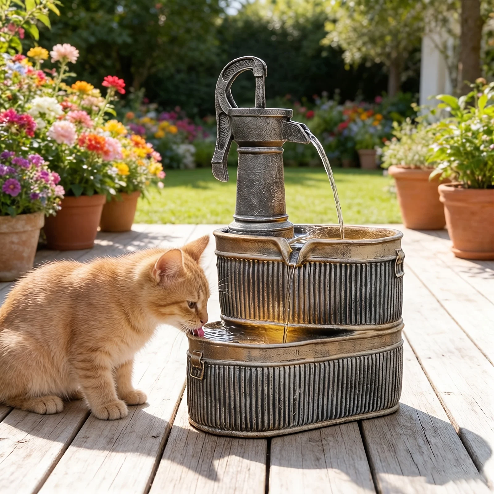 

Outdoor Rustic 2-Tier Barrel Water Fountain with LED Light & Pump - Resin Fountain Suitable for Garden, Patio, Yard Decor, Bronze Finish, Continuous Flow, Plug, Voltage Compatible for North Systems