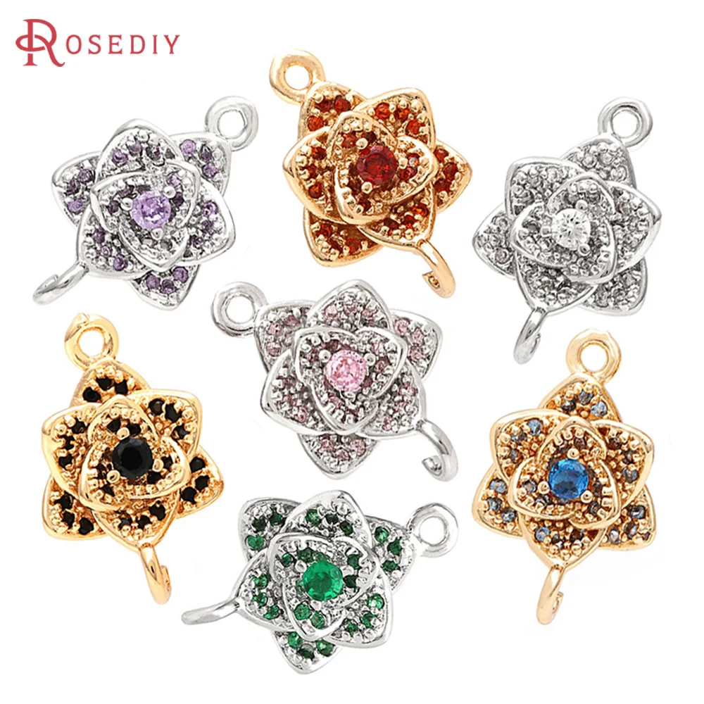 

6PCS 18K Gold Color Brass Zircon 2 Holes Flower Connect Charms Pendants Necklace Earrings High Quality Jewelry