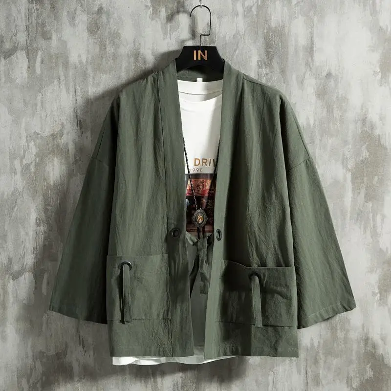 Men's Summer Cotton Linen Kimono Style Flocking Shirt Open Cardigan Hanfu Seven Sleeve Lengthened Flocking Inner Wear Casual ...