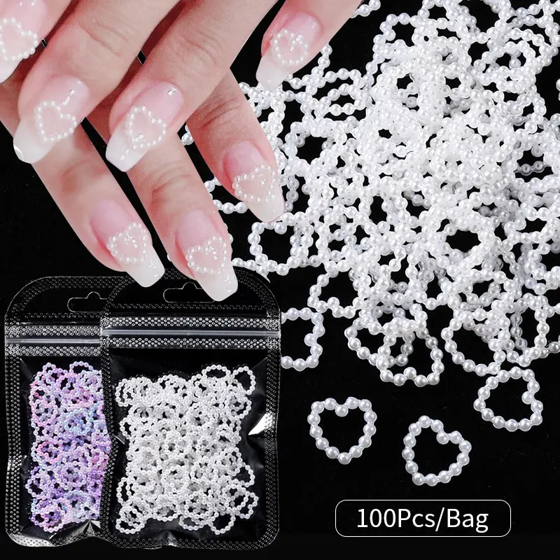 100Pcs/Bag 3D Nail Charms Pearls Beads Flower Stickers DIY ABS Heart Parts Piercing Nails Art Accessories For Kawaii Design