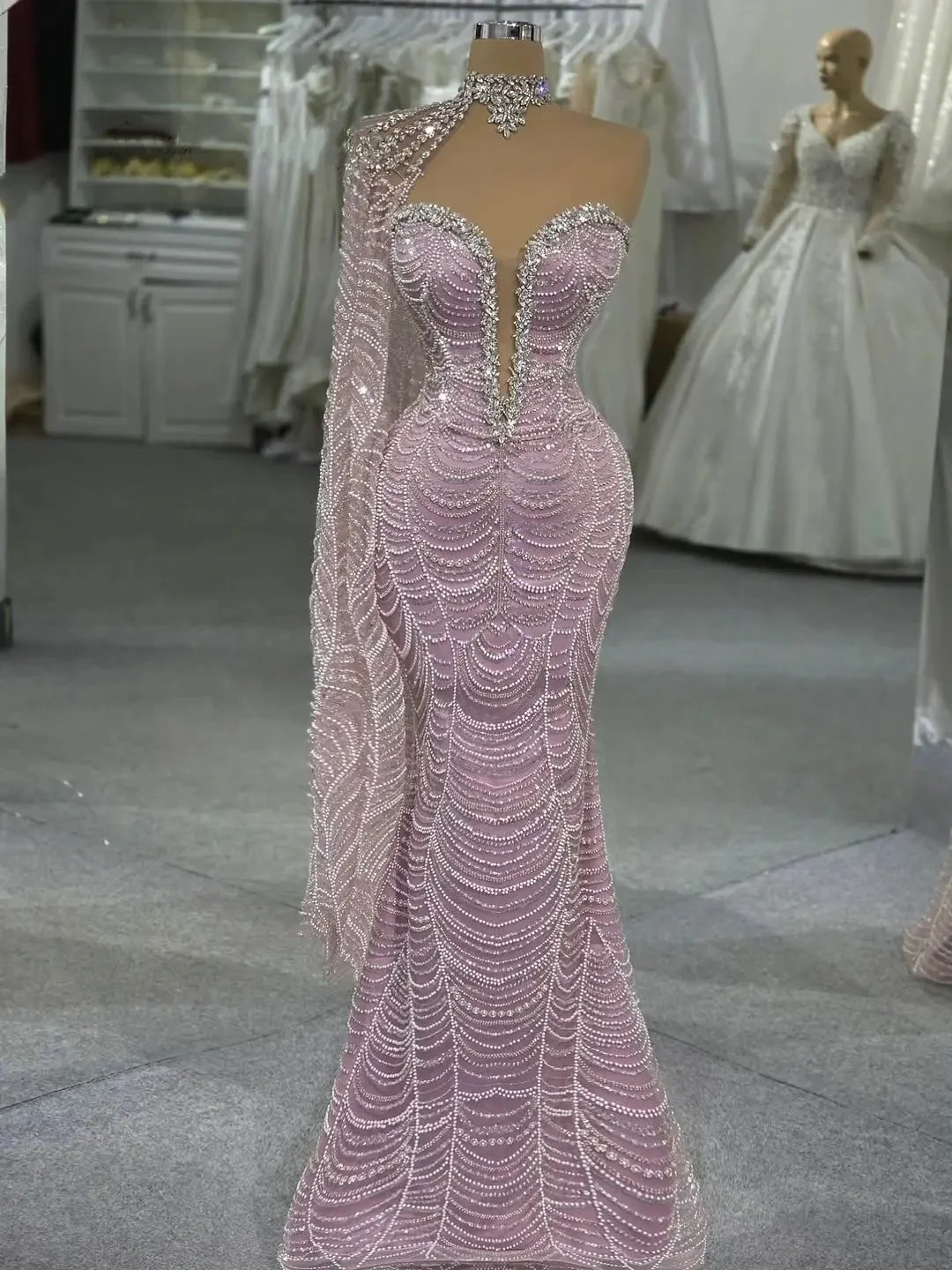 Elegant Evening Dresses Crystal Strapless Prom Gown with Cape Mermaid Sequins Beading Party Dress Customized Vestidos De Noche