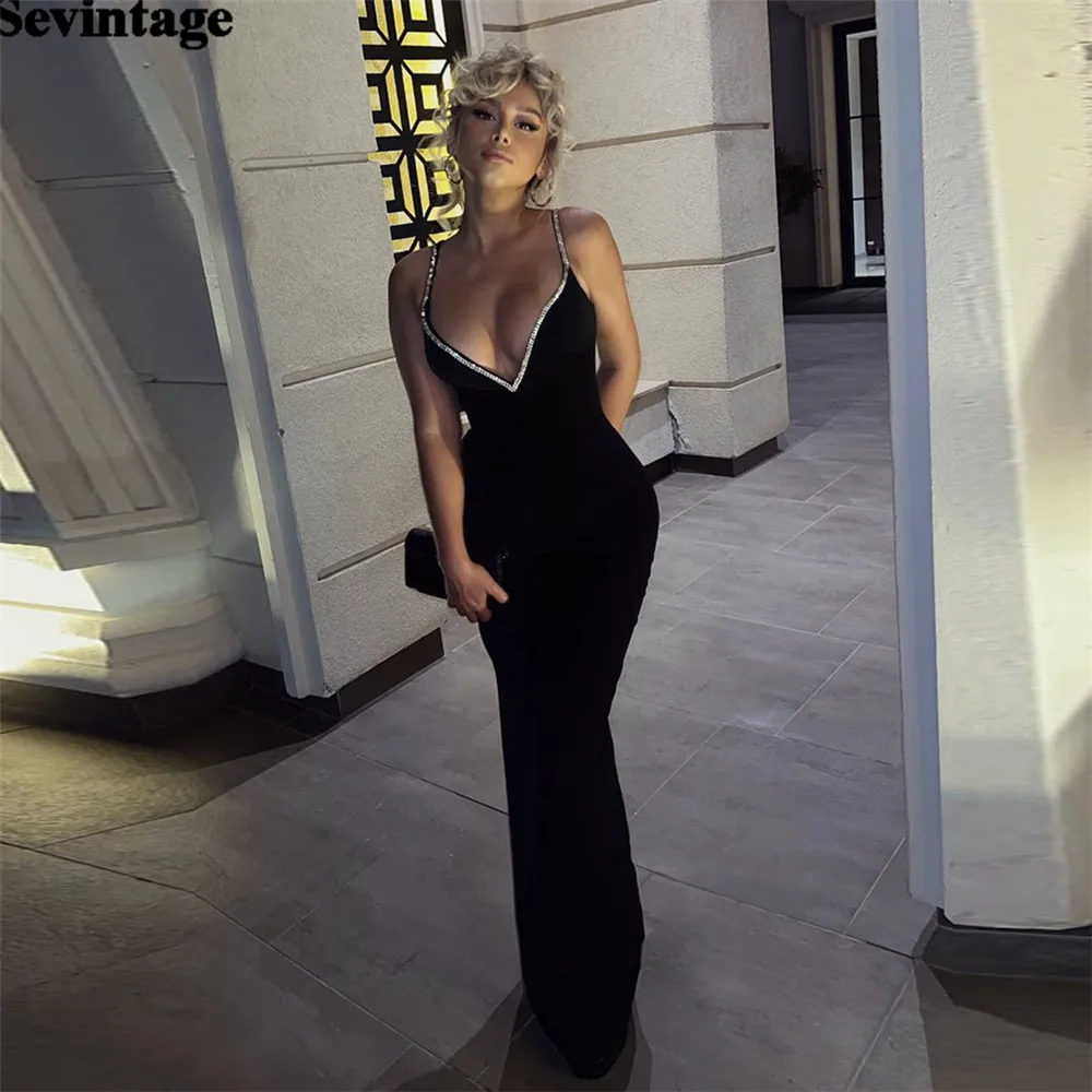 

Sevintage Sexy Black Satin Mermaid Prom Gowns Spaghetti Strap Deep V-Neck Sequined Party Dresses omen Evening Gowns Outfits 2023