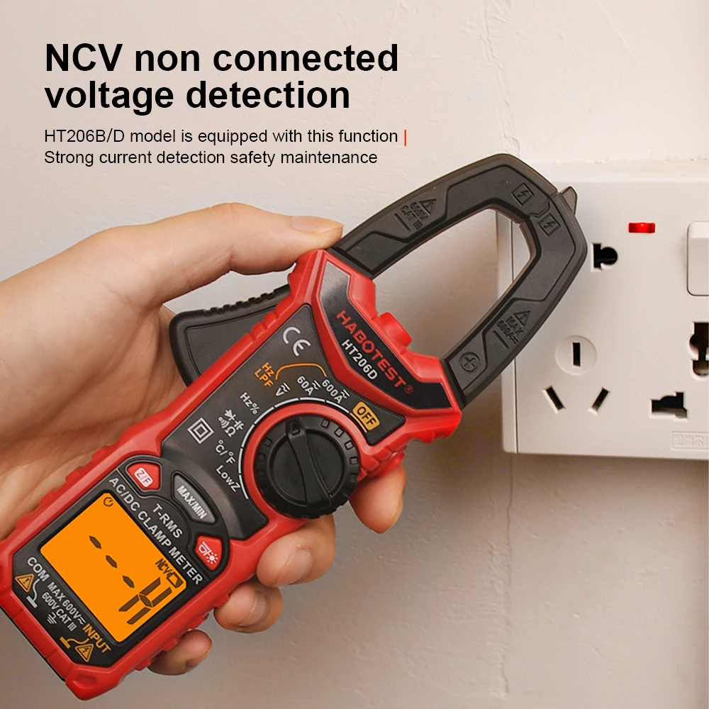 HT206 Digital Clamp Meter AC DC Current NCV Multimeter Pinza Amperimetrica True RMS Capacitance Ohm Hz Temperature Voltage Test