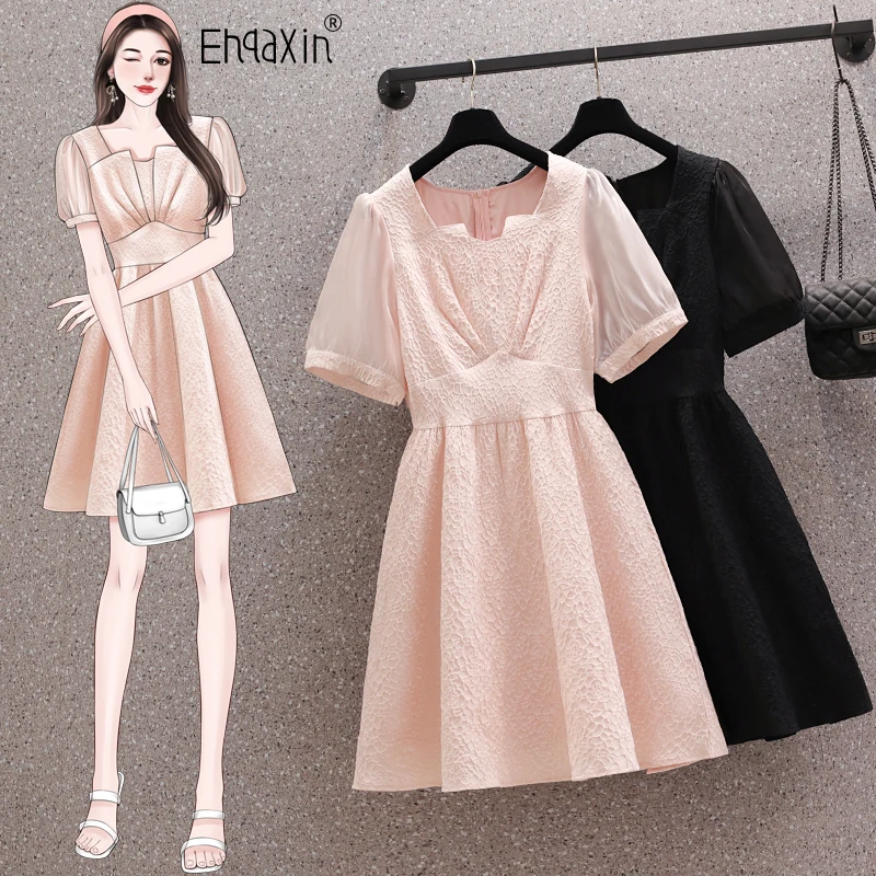 

EHQAXIN Summer New Women's Dress 2023 Fashion Temperament Square Neck Jacquard Korean Loose Ruffle Short Sleeve Dresses M-4XL