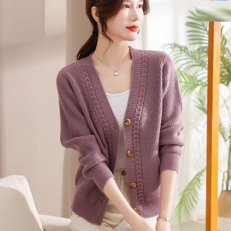 Suéter de malha de alta qualidade cardigan feminino outono 2025 sem pilling longo sve v-ne regular fino faion roupas femininas