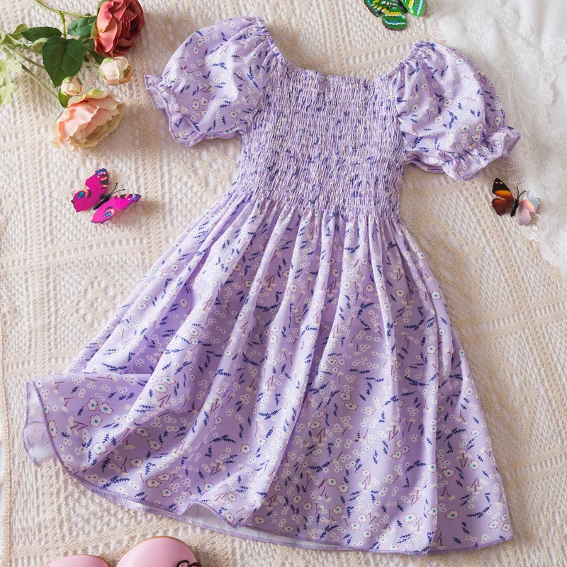 2026 New Style Girls' Floral Dress, Short Sleeve Dress, Cross-border Children's Clothing, Casual Kids' Skirt, Girls' Apparel