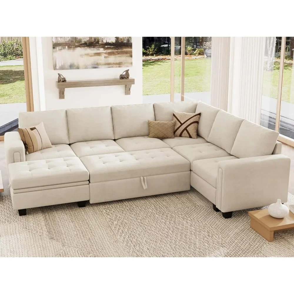 

Living Room Sofa,with Pull Out Bed U Shaped Sectional Couch Velvet Covertible 7-Seater Sofas,Modular Sectional Sleeper Sofa