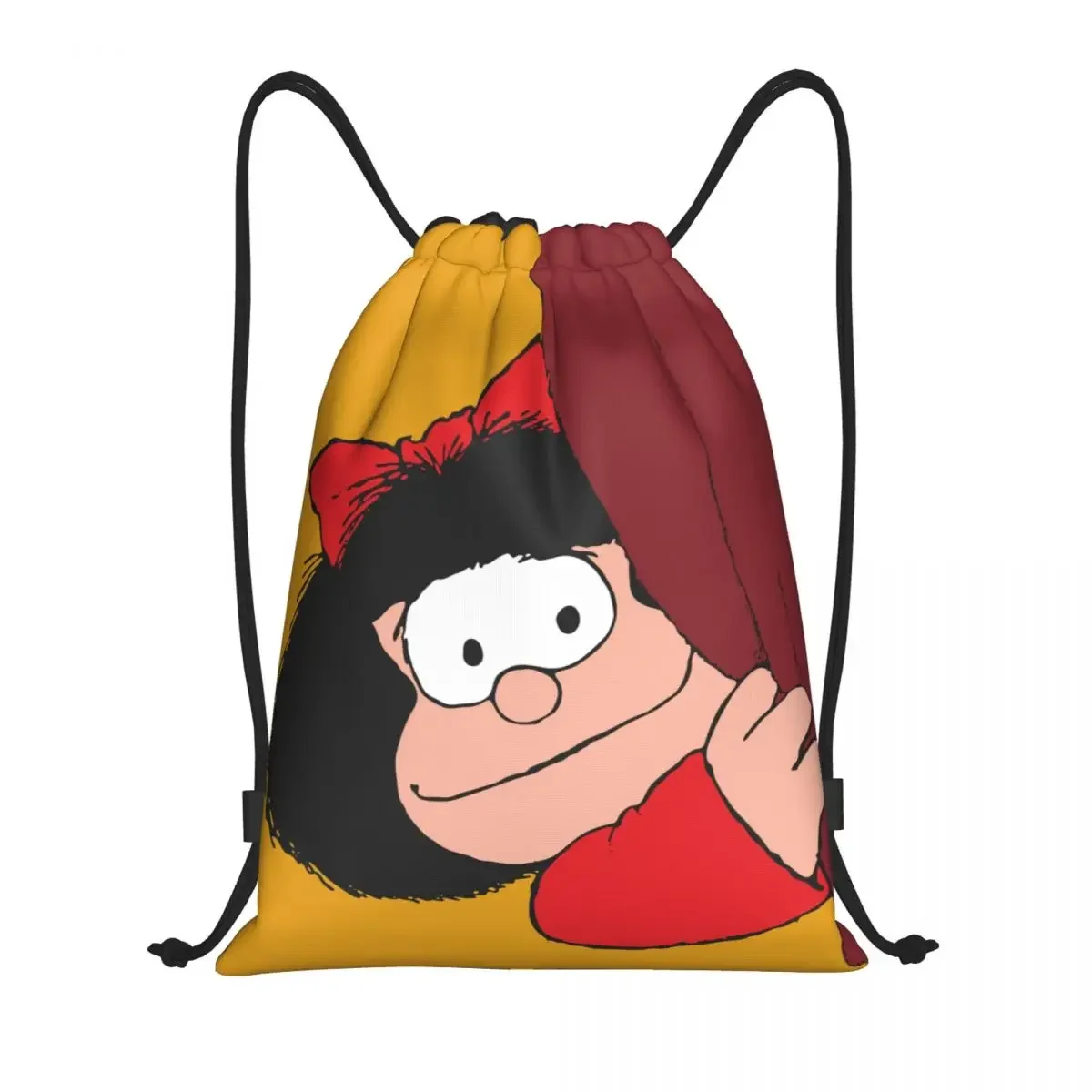 Mafalda está espreitando mochila com cordão para homens e mulheres, mochila esportiva, dobrável, quino, quadrinhos, desenhos animados, bolsa de treinamento, academia