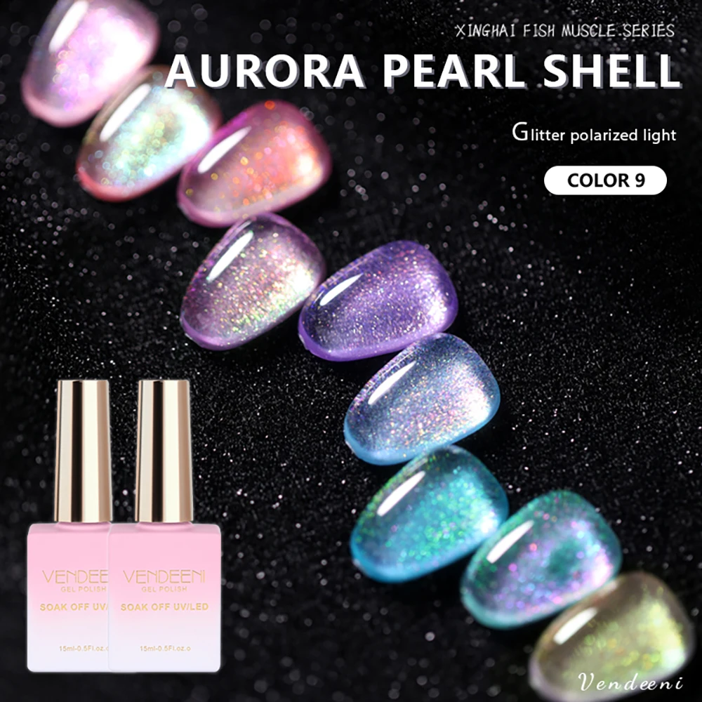 

Vendeeni 9 Colors Pearl Shell Colors Gel Nail Polish Shiny Aurora UV LED Soak Off Gel Varnish Mermaid Gel Lacquer For Nail Art
