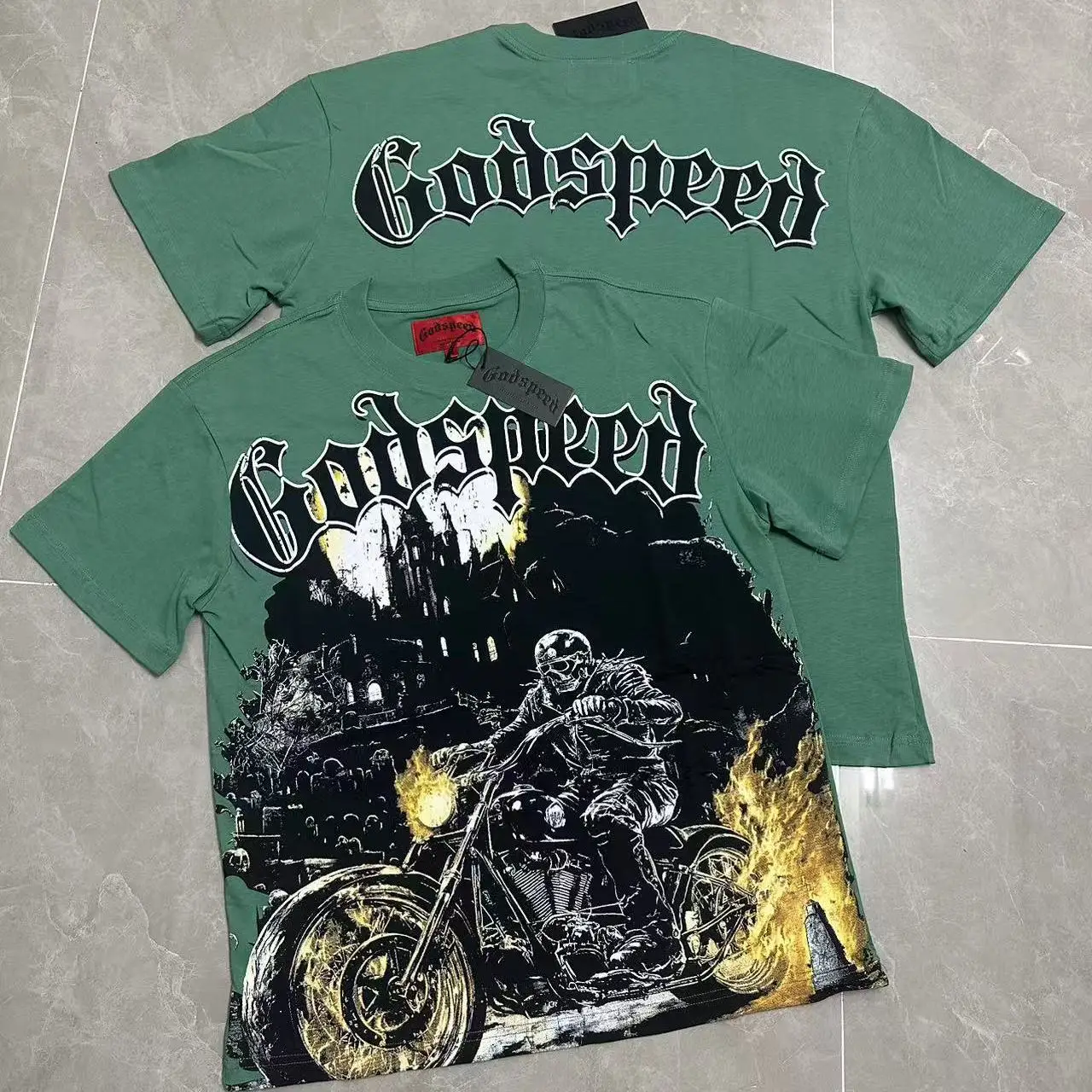 Godspeed Skull Rider Print Retro Cotton T-Shirt round Neck Short Sleeve Casual Streetwear for Youth Unisex Non-ironed  C...