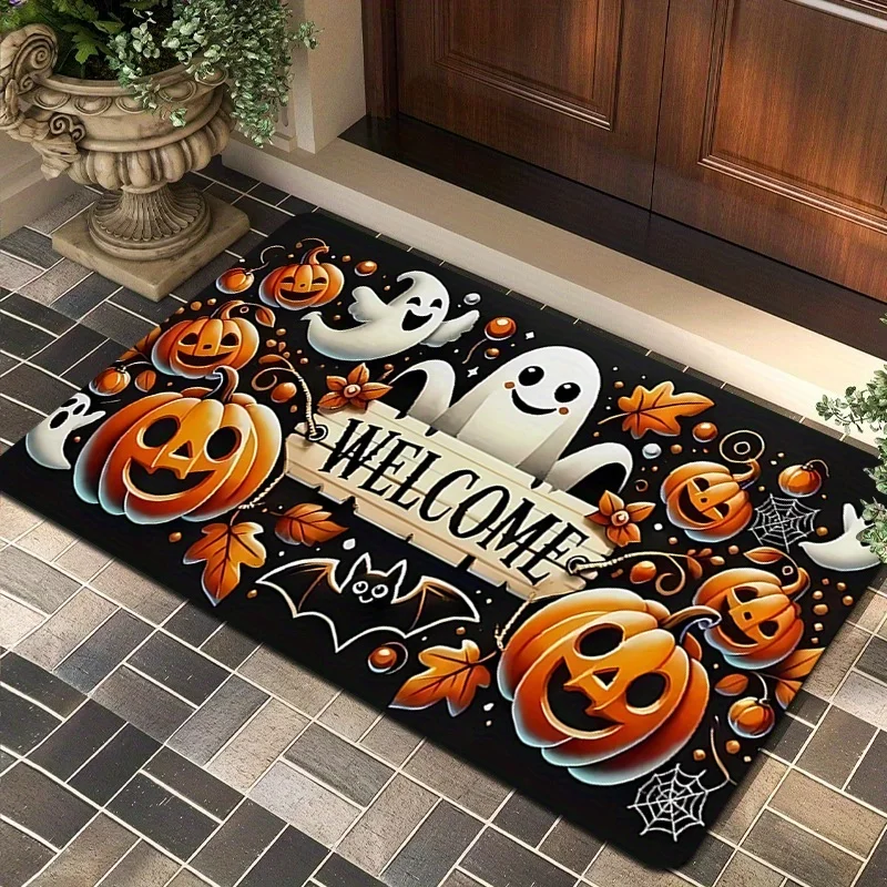 Newest Doormat Halloween Pumpkin Ghost Welcome Letter Print Flannel Doormat Non Slip Front Door Decor Mat