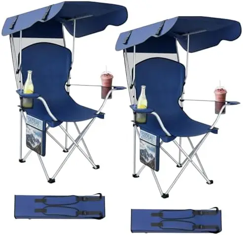 Portable Folding Camping Chairs with Canopy Shade, Beach Chair for Adults, Durable Weather Resistant 600D Oxford Cloth