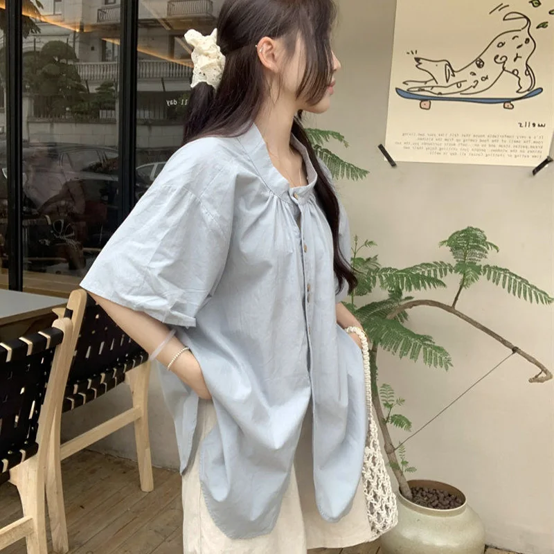 

Advanced Slimming Pleated Single Breasted Solid Color Short Sleeved Shirt Summer Fashion Casual Loose Comfortable Women's Top