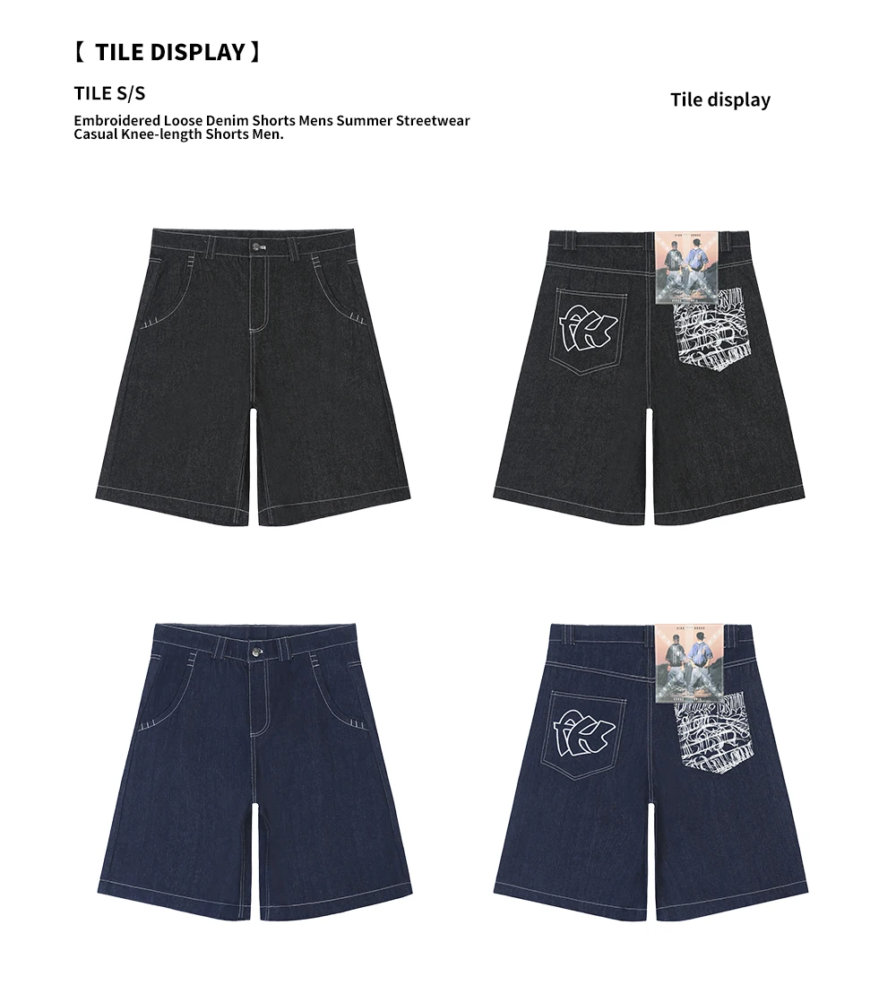 Bestickte lose Jeans shorts Herren Sommer Streetwear schwarze knielange Jeans shorts – Detail 8