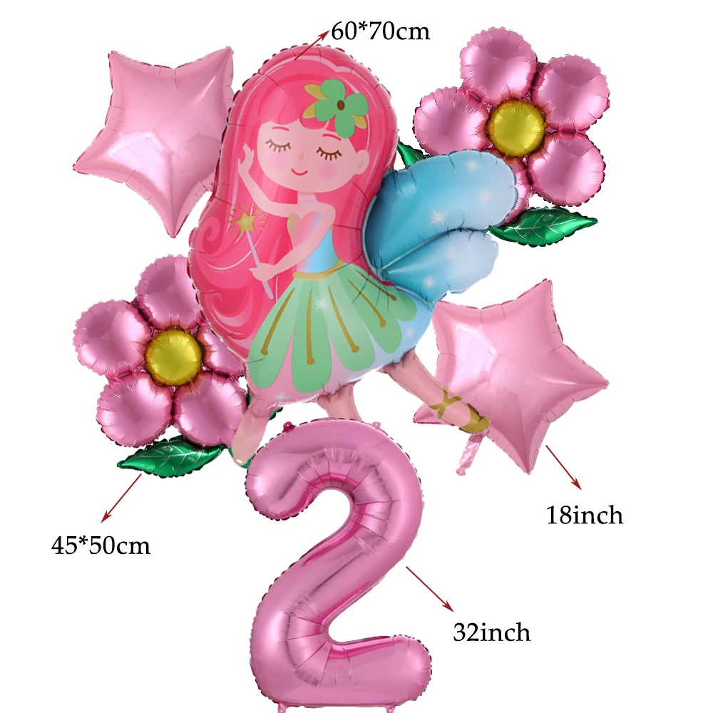 6 szt. Balony dla mała wróżka dziewczynek motyl z folii słonecznikowej balon 32-calowy różowe cyfry balon 1-9 lat dziewczynka urodziny Decorat — zdjęcie 4