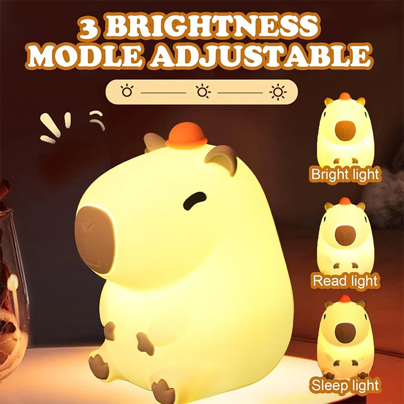 Cute Capybara Night Light Children's Silicone Nightlight Gift USB Rechargeable Animal Touch Bedside Sleep Lamp Decoration