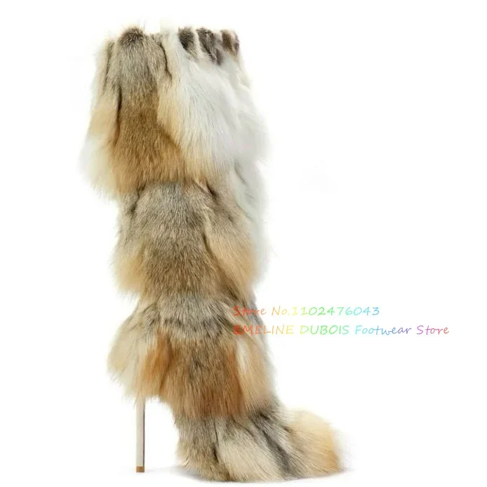 Multicolor Fur High Heel Knee High Boot Women Sexy Pointed Toe Stiletto Heel Winter Warm Back Zipper Newest Trandy Long Boot