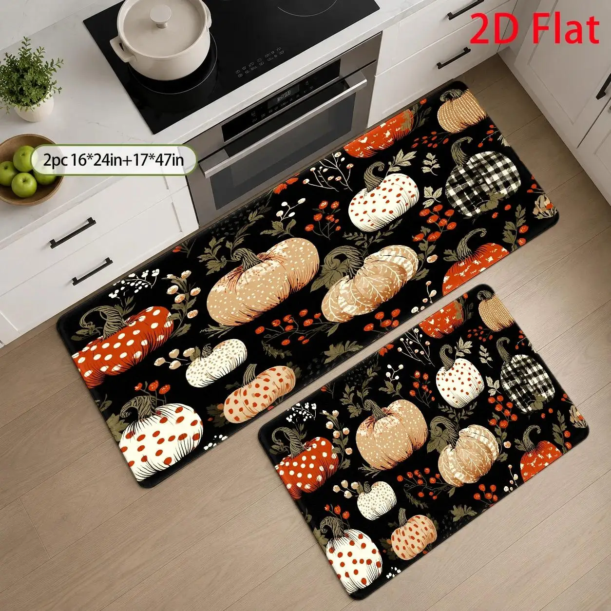 1pc, 2pcs, 3pcs, 2D Flat Kitchen Floor Mat Set, Pumpkin Patterned Floor Rug, Autumn Harvest Design, Festive Halloween Decor, Easy-To-Clean Decorative Kitchen Mat, Suitable for Kitchen, Bathroom, Laundry Room, Dining Room