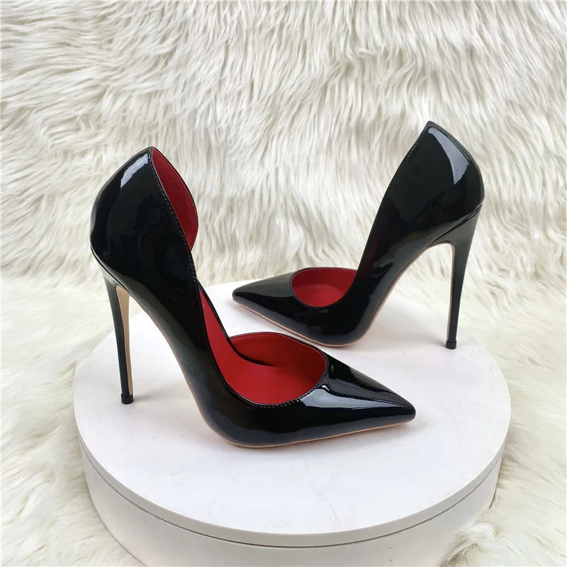 Fashion new trend female black leather side air pointed bottom toe female high heel sexy party shoes ladies dress stiletto pump