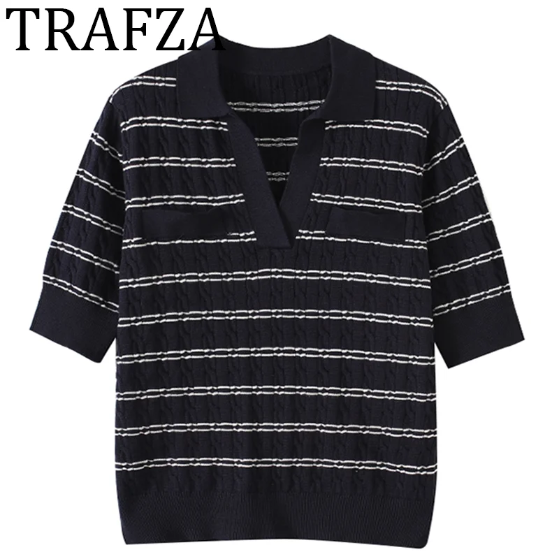 

TRAFZA 2025 Woman Striped Polo Knitted Top Short Sleeve Sweater Casual New Office Lady Elegant Knitwear korean popular clothes