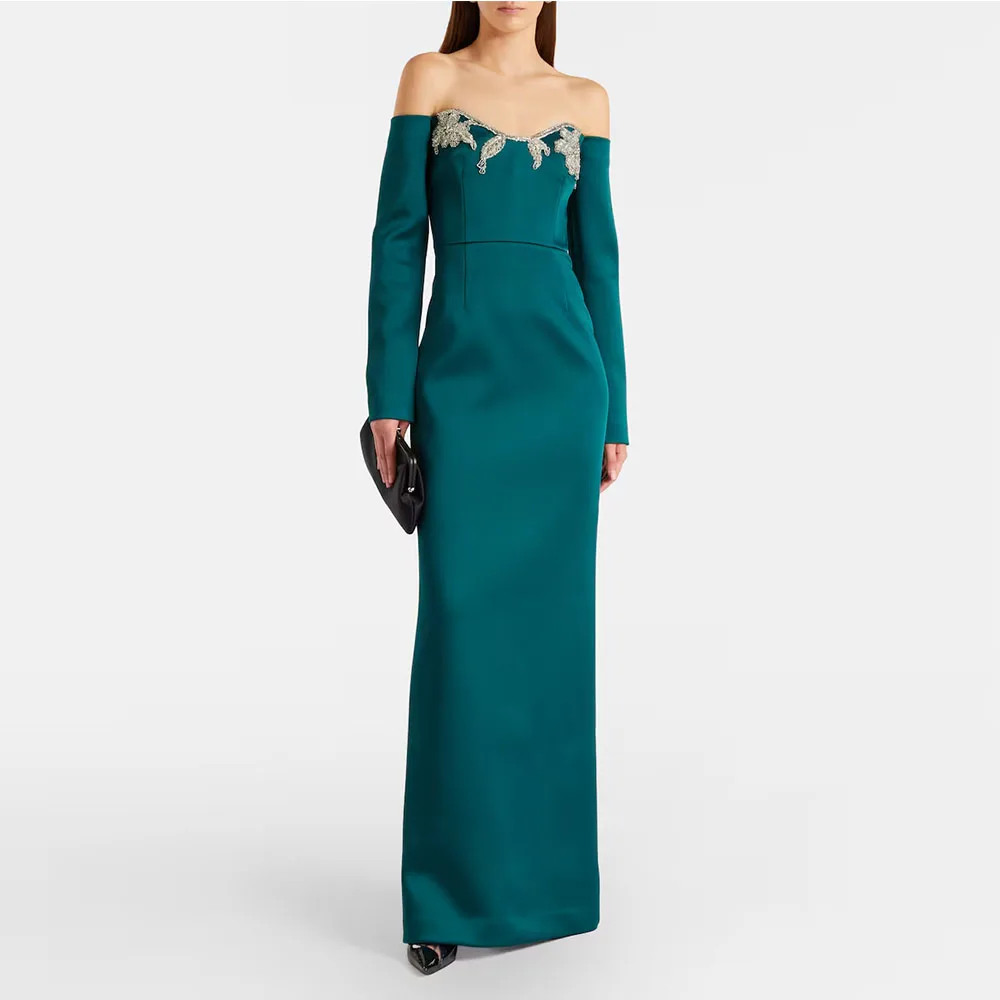

Women's Evening Gown Sheath Formal Wedding Party Dress Off The Shoulder Beading Saudi Dress Long Sleeves Floor Length Prom Dress