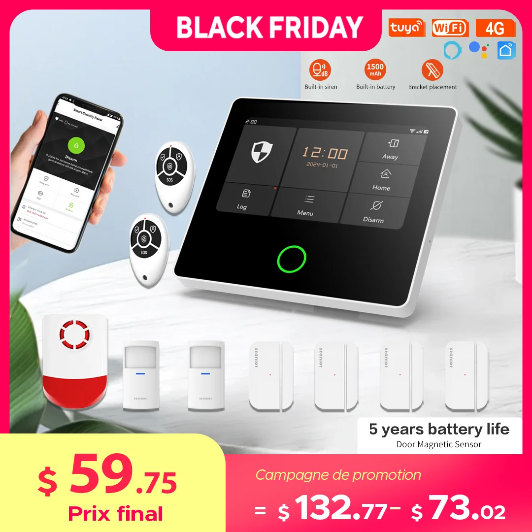 Staniot WiFi 4G Wireless Security Alarm System Built-in Louder Siren Tuya Smart Home Burglar Kit with 5-Year Contact Sensor