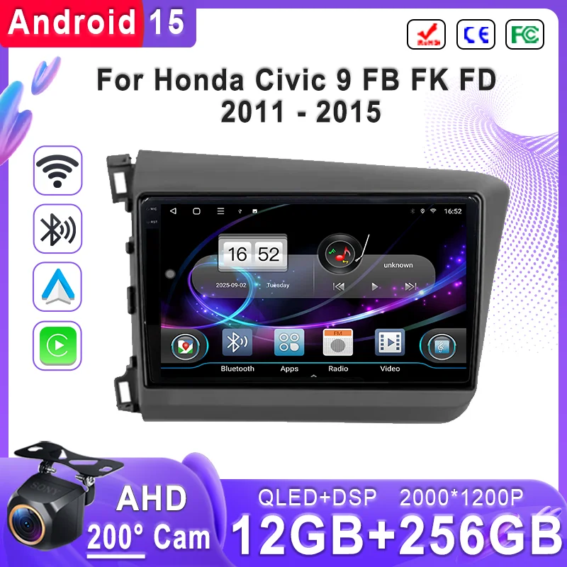 

For Honda Civic 9 FB FK FD 2011 - 2015 Plug And Play Multimedia Stereo Android 15 2K Incell Screen Auto Radio Head Unit DVD 4G