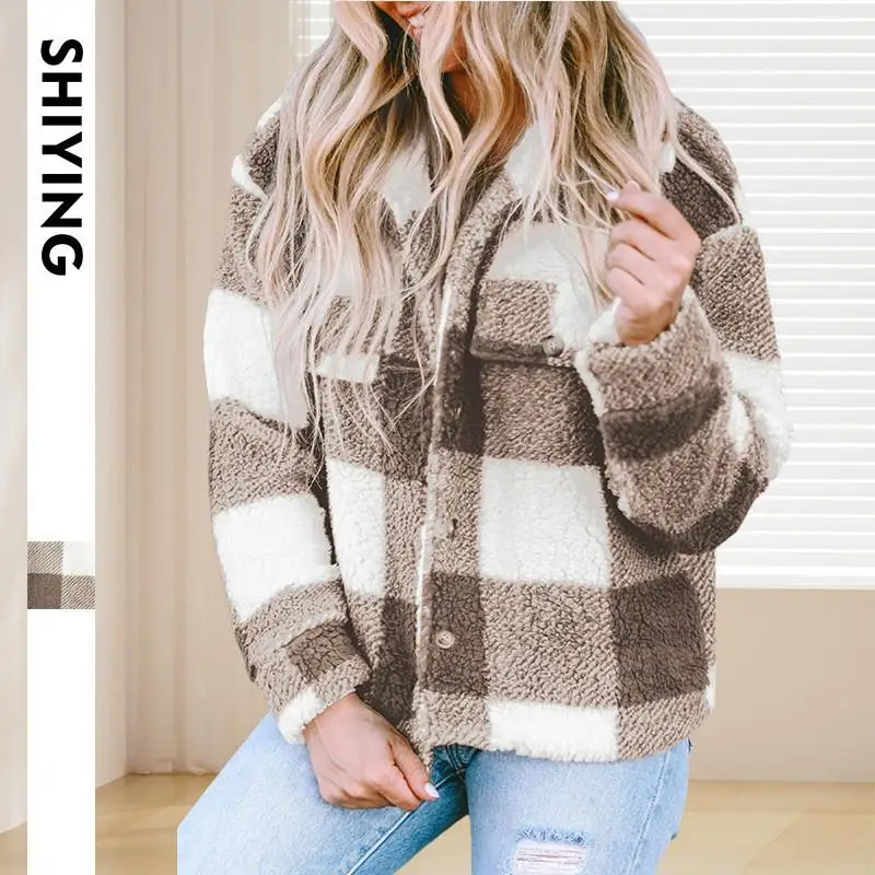 

Пушистая верхняя одежда в клетку, осень-зима, с отложным воротником на пуговицах, свободное женское пальто Jaet Long Sve Other Materia...