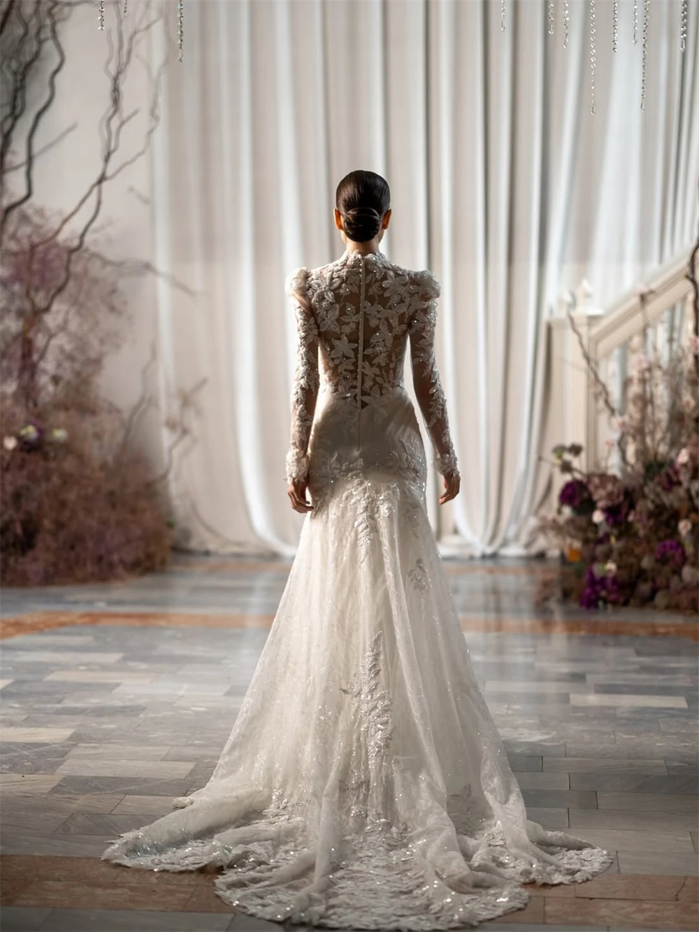 فستان زفاف أنيق من الأورجانزا الأبيض مخصص رسمي برقبة على شكل حرف v وأكمام طويلة رداء de mariée ناعم حورية البحر ذيل محكمة رداء de mariée #3