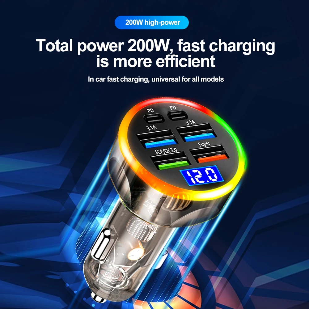 250W Multi Port Car Charger Digital Voltage Display PD QC3.0 Fast Charging Cigarette Lighter Plug Adapter For Samsung S23 Xiaomi