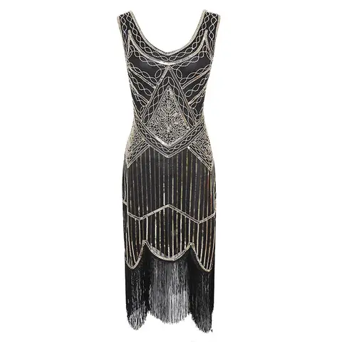 Damklänning 1920-tals Great Gatsby Flapper Vestidos Paljettpärlklänning med fransar Kvällsklänning V-ringning Utsmyckad fransad Ärmlös 10 best sales 1920-talsklänning - №2