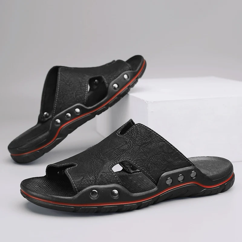 Summer Men Slippers Genuine Leather Breathable Clogs Sandals Beach Classics Leather Slides Outdoor Flip Flops Plus Size Men Shoe
