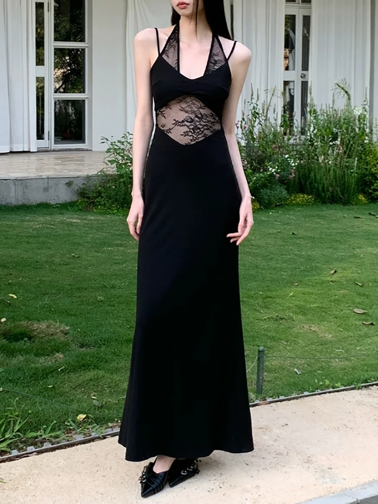 RORORIRI 쉬어 레이스 스티치 홀터 캐미솔 드레스 여성 백리스 솔리드 슬림 스트레치 Bodycon 인어 롱 드레스 섹시한 복고풍 옷