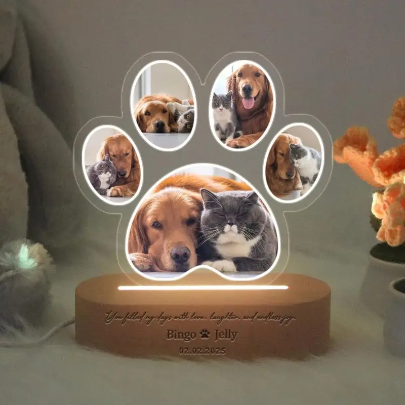 Custom Pet Memorial Night Light - Upload Your Cat/Dog Photo, Personalized LED Lamp for Pet Lovers