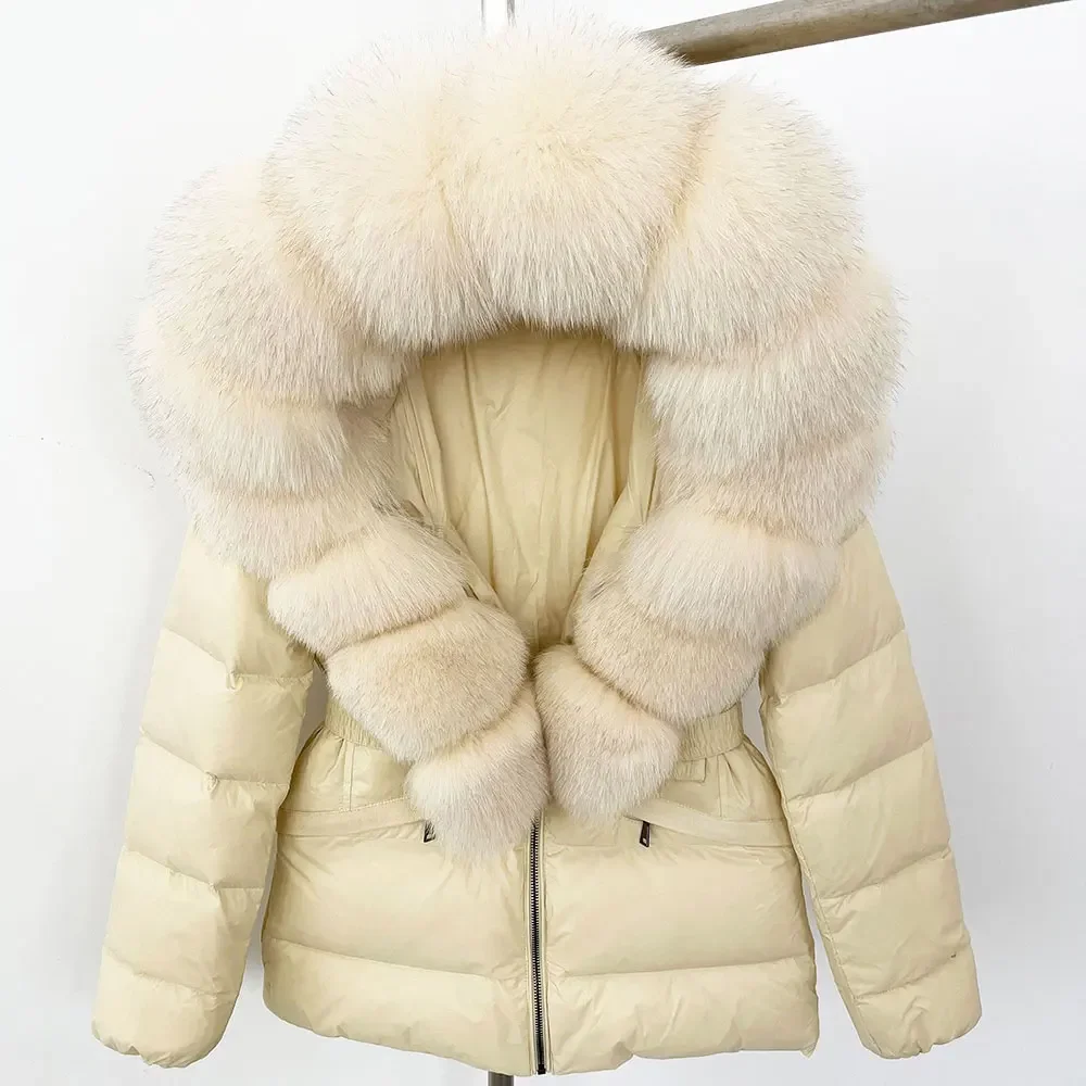 Moda nova 2025 inverno puffer jaqueta feminina pele de raposa real com capuz grosso quente 90% pato branco para baixo casaco feminino parkas à prova dwaterproof água