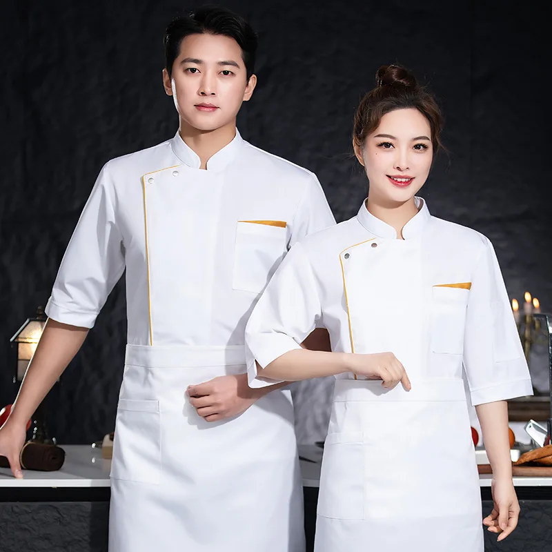 Manteau de chef à manches 3/4 pour hommes, veste de cuisine, costume d'hôtel, uniforme de chef de restaurant, boulangers attribuables, vêtements de travail trempés