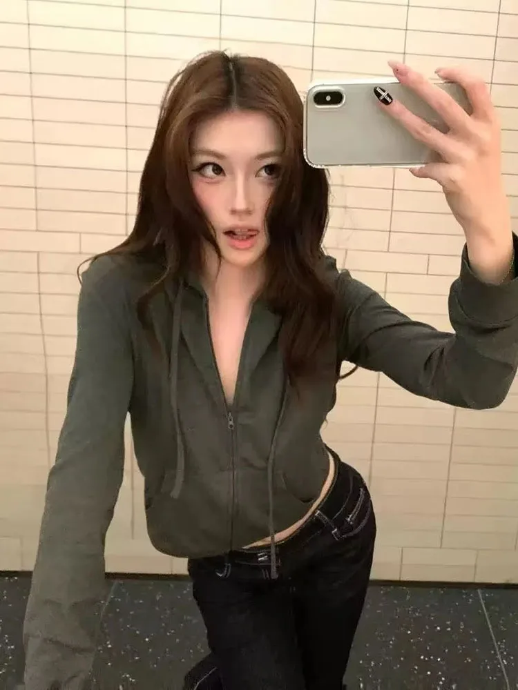 2026 New Retro Y2K Dark Grey Zip Up Cardigan Women Korean Style Slim Fit High Class Streetwear Jacket