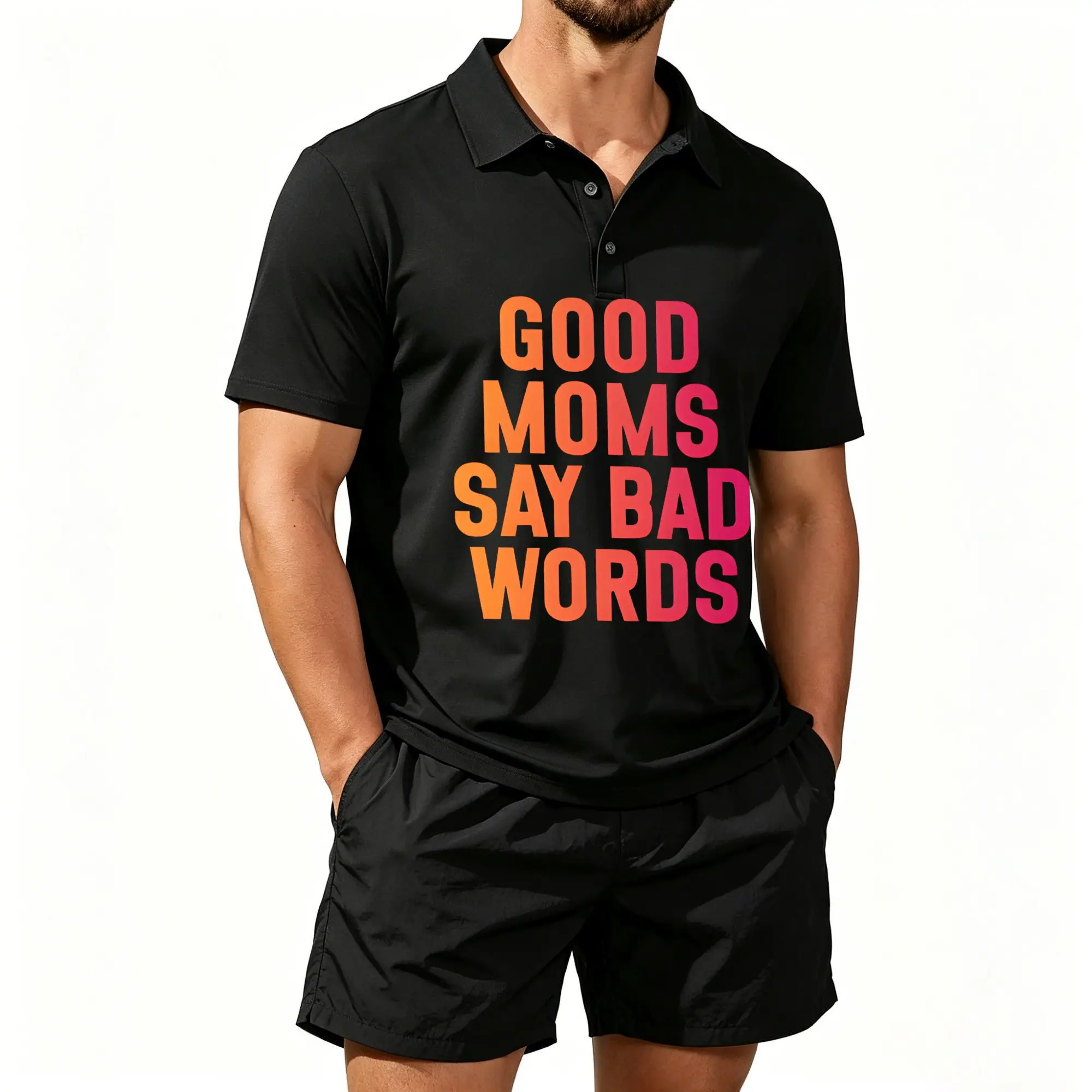 Men's Polo Beach Shorts Two-Piece Set with Fun Prints for Cool Moms, Featuring Direct and Quirky Text Designs, Casual and Comfortable, with a Well-Fitted Cut