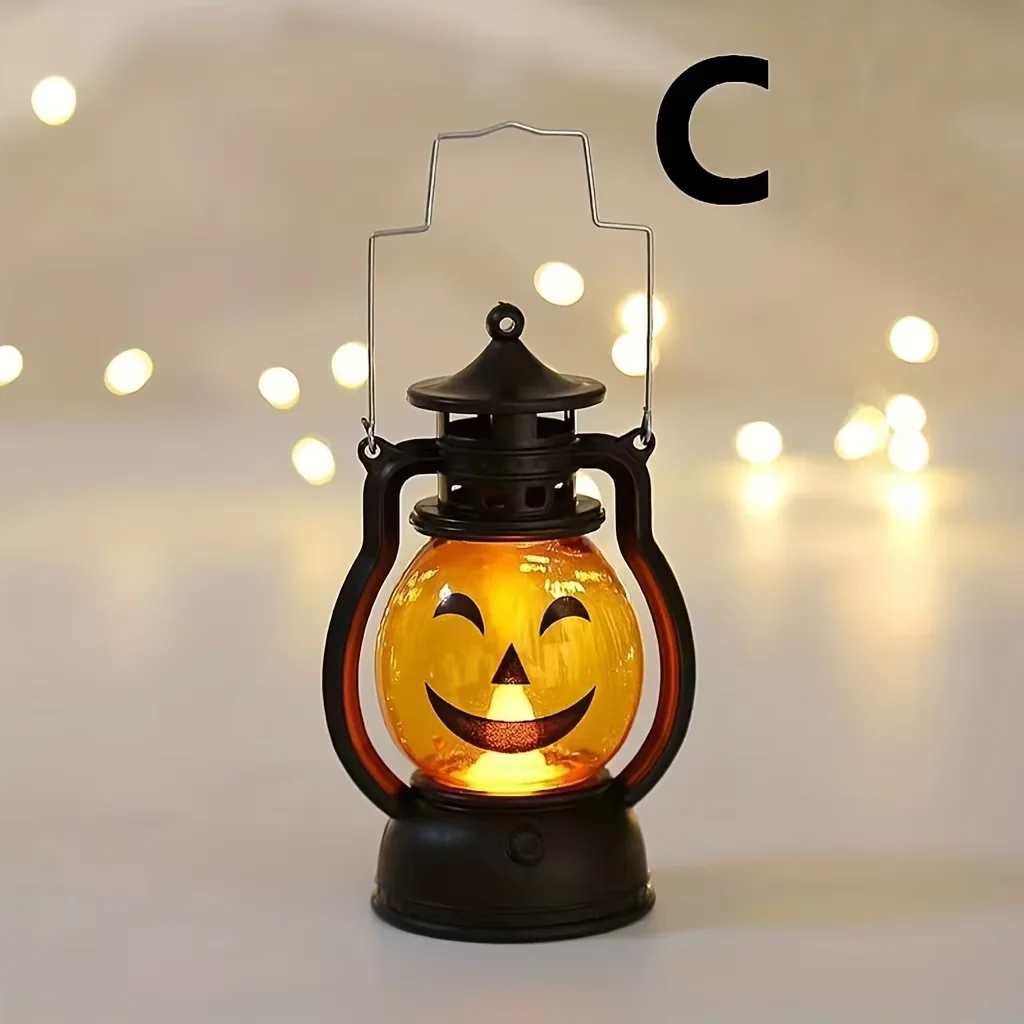 Halloween Appeso Zucca Lanterna Luce LED Fantasma Lampada a lume di candela Retro Piccola lampada a olio Festa di Halloween Decorazioni per la casa Puntelli horror