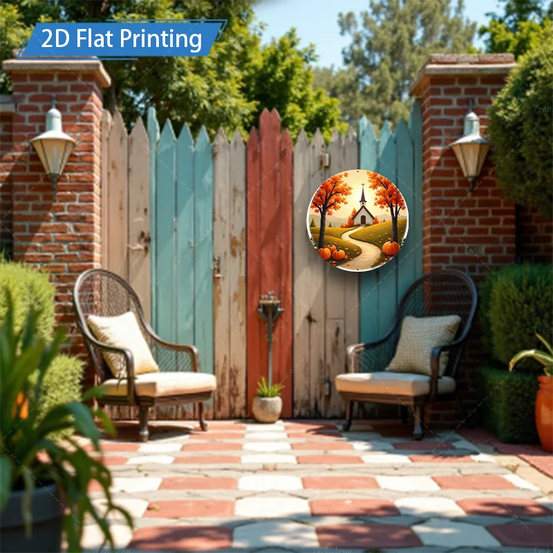 ป้ายโลหะ [2D FLAT] 1 ชิ้น ขนาด 8x8 นิ้ว ลายฉากโบสถ์ฤดูใบไม้ร่วง งานศิลปะตกแต่งผนังโลหะพิมพ์ลายแบบแบน 2D