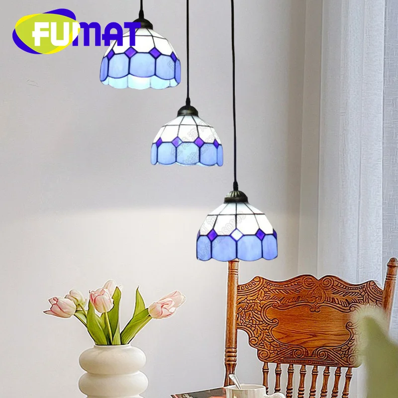 FUMAT Tiffany style stained glass modern simple Mediterranean chandelier for living room and dining hall hallway LED decor