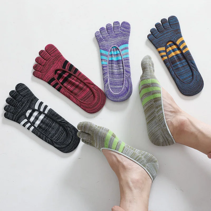 5 Pairs Man No Show Slipper Socks with Toes Low Cut Non-Slip Sock Colorful Cotton Striped Invisible Five Finger Socks Harajuku