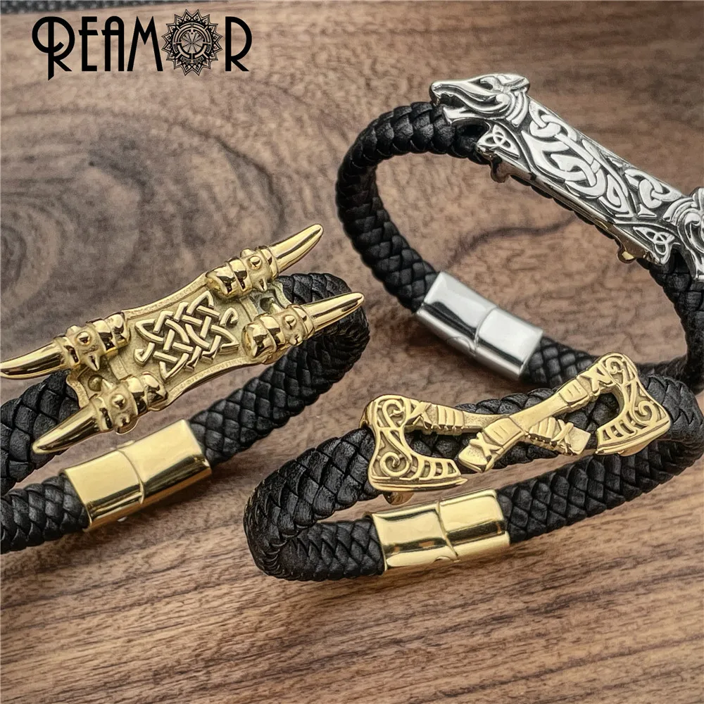 REAMOR Men Punk Vikings Style Genuine Leather Bracelet 316l Stainless Steel Battle-ax Mammoth Totem Bangle Couple Jewelry Gift