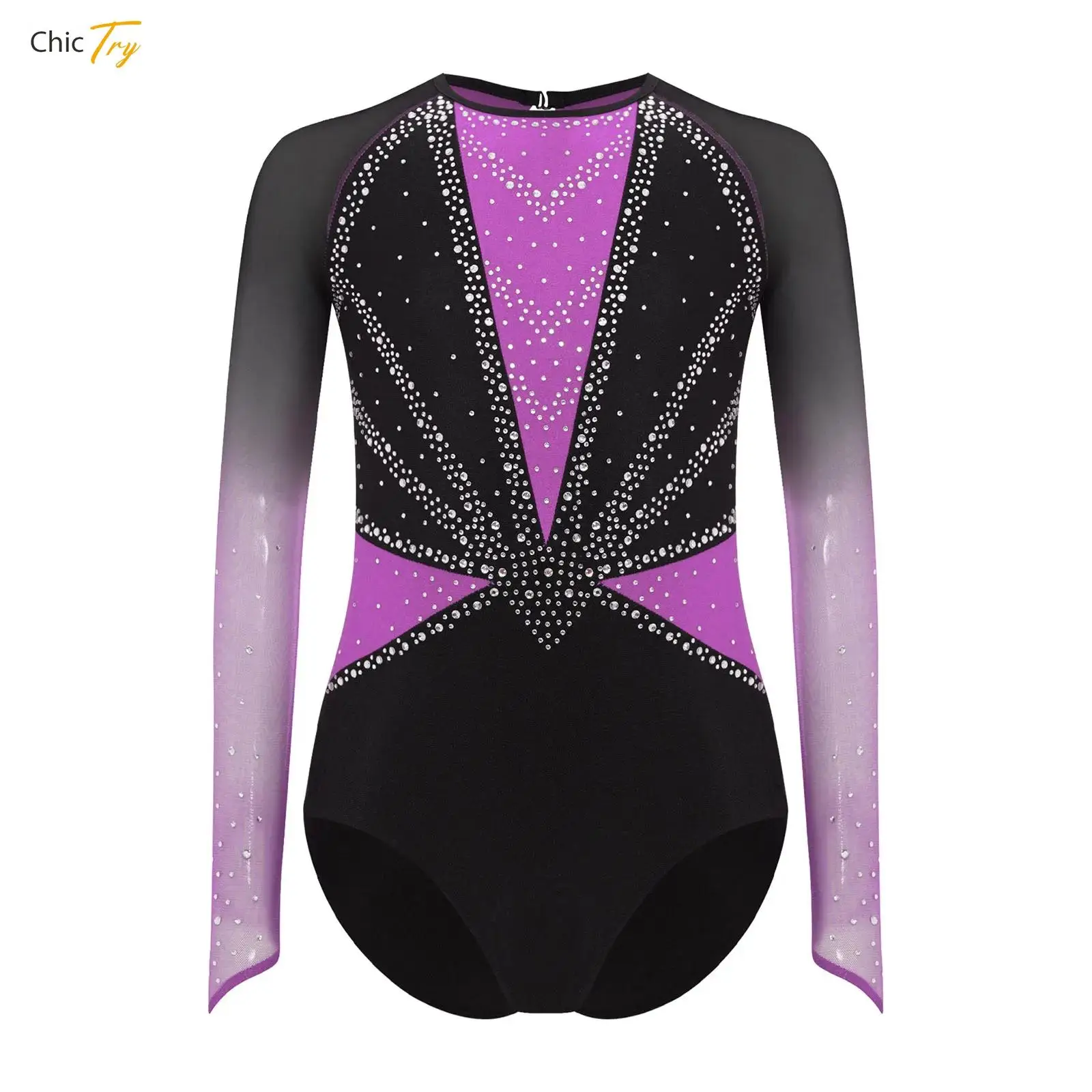 

Kids Girls Long Sleeve Rhinestones Gymnastics Dance Leotard Sheer Mesh Figure Skating Ballet Jersey Unitards Bodysuit Costumes