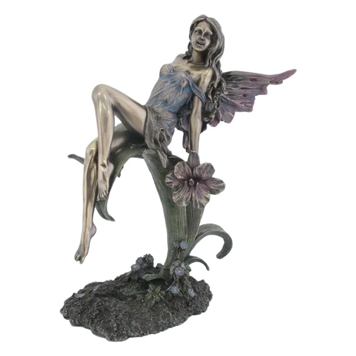 Antique Bronze Winged Fairy Figurine Leaning on Flower Stem Resin Elf Statue Floral Base Home Tabletop Decorative Ornament Gift