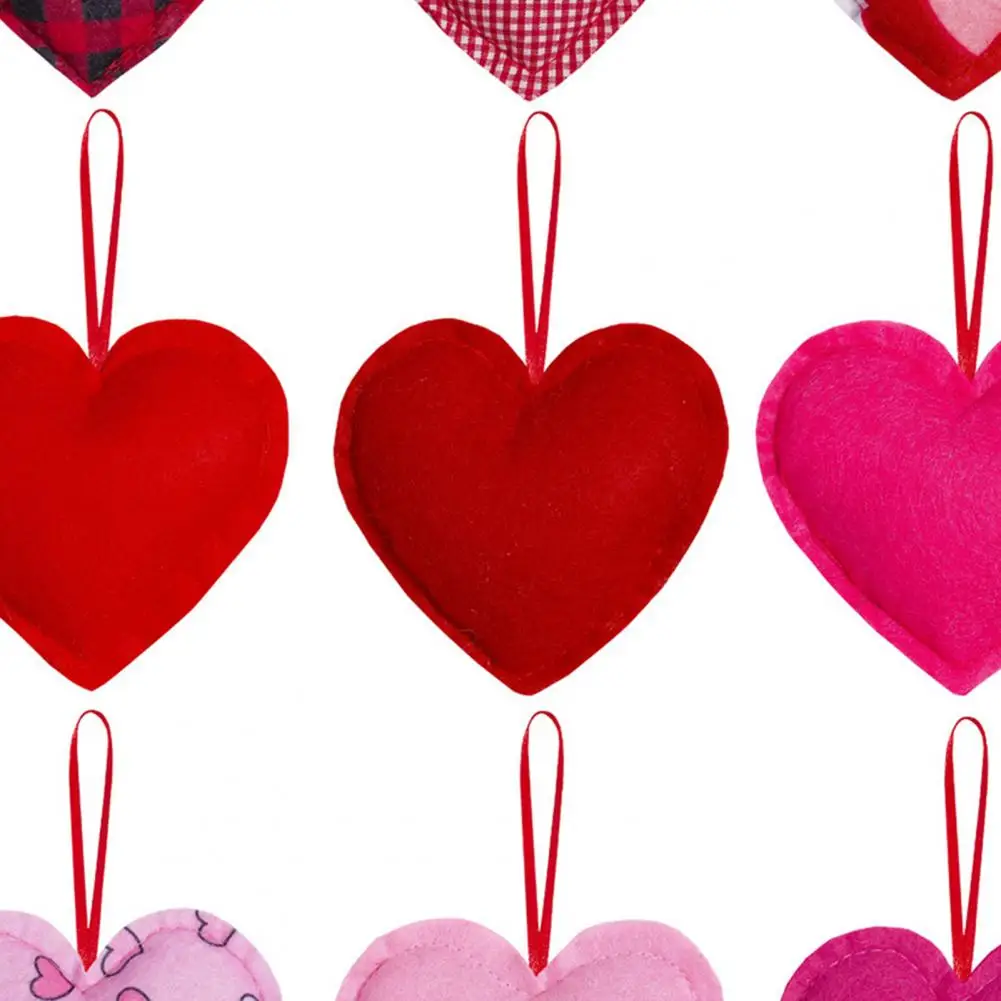 Plush Heart Ornament 12 Pcs Felt Fabric Heart Ornaments Red Pink Buffalo Plaid Charms Hanging Heart Pendants for Valentine's Day
