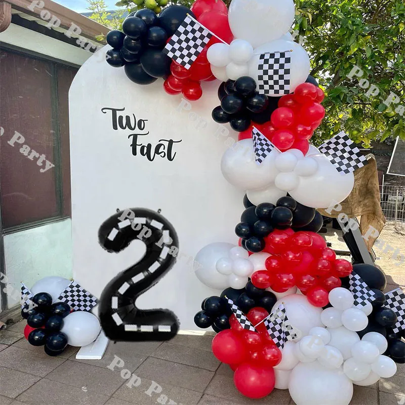 175/176pcs Matte Black White Red Balloon Arch Two Fast Balloon Racing Car Themed Party Decor Supplies Gender Reveal Decorations