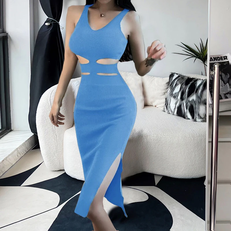 YuooMuoo Chic Fashion Sexy Wrap Hips Split Knitted Summer Dress Women Cut Out Waist Bodycon Long Dress Streetwear Outfit Vestido